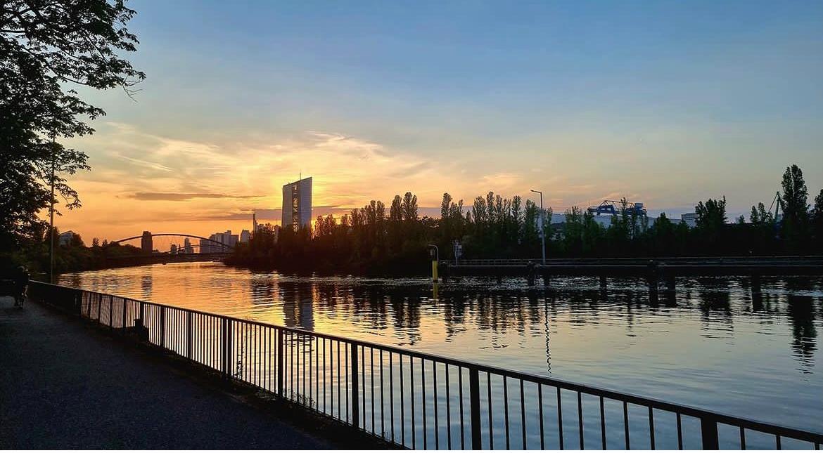 Sonnenuntergang am Main mit Blick auf den EZB-Tower in Frankfurt