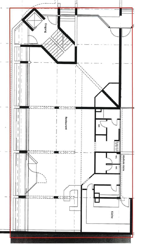 Grundriss des Restaurants in Darmstadt mit Eingang, Gastraum, Küche und WC-Bereich